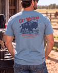 Bison Tee in Flint Blue Heather — male model, back view