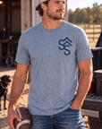 Bison Tee in Flint Blue Heather — male model, front view