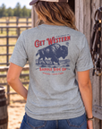 Bison Tee in Grey Frost — female model, back view