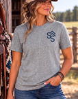 Bison Tee in Grey Frost — female model, front view