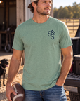 Bison Tee in Heathered Dusty Sage — male model, front view