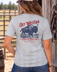 Bison Tee in Light Heather Grey — female model, back view