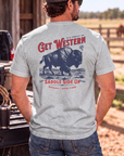 Bison Tee in Light Heather Grey — male model, back view