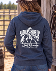 Get Ranchy Hoodie in Classic Navy Heather — female model, back view