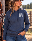 Get Ranchy Hoodie in Classic Navy Heather — female model, front view
