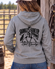 Get Ranchy Hoodie in Gunmetal Heather — female model, back view