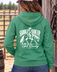 Get Ranchy Hoodie in Kelly Green Heather — female model, back view