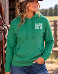 Get Ranchy Hoodie in Kelly Green Heather — female model, front view