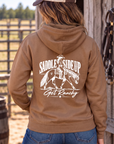 Get Ranchy Hoodie in Saddle — female model, back view