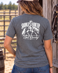 Get Ranchy Tee in Dark Heather — female model, back view