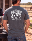 Get Ranchy Tee in Dark Heather — male model, back view