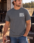 Get Ranchy Tee in Dark Heather — male model, front view