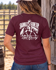 Get Ranchy Tee in Dark Maroon — female model, back view