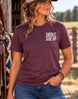 Get Ranchy Tee in Dark Maroon — female model, front view