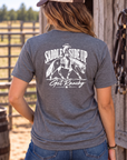 Get Ranchy Tee in Graphite Heather — female model, back view