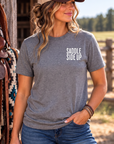 Get Ranchy Tee in Graphite Heather — female model, front view