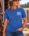Get Ranchy Tee in Heather Deep Royal — female model, front view