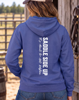 Get Western Hoodie in Cobalt — female model, back view