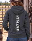 Get Western Hoodie in Dark Heather — female model, back view