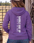 Get Western Hoodie in Purple — female model, back view