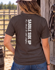 Get Western Tee in Dark Chocolate — female model, back view