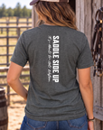 Get Western Tee in Heather Dark Grey — female model, back view