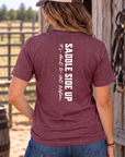 Get Western Tee in Heather Maroon — female model, back view