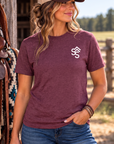Get Western Tee in Heather Maroon — female model, front view