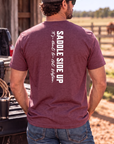 Get Western Tee in Heather Maroon — male model, back view