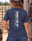 Get Western Tee in Heather Navy — female model, back view