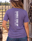 Get Western Tee in Heather Purple — female model, back view