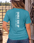 Get Western Tee in Tropical Blue — female model, back view