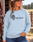 Logo Crew in Chambray — female model, front view