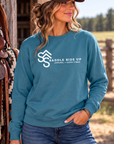 Logo Crew in Topaz Blue — female model, front view