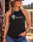 Logo Tank in Black Frost — female model, front view