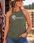 Logo Tank in Military Green Frost — female model, front view