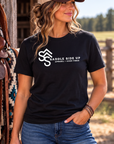 Logo Tee in Black — female model, front view