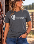 Logo Tee in Heather Dark Grey — female model, front view