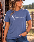 Logo Tee in Metro Blue — female model, front view