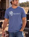 Logo Tee in Metro Blue — male model, front view