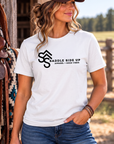 Logo Tee in White — female model, front view