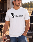 Logo Tee in White — male model, front view