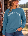 Reining Crew in Topaz Blue — female model, front view
