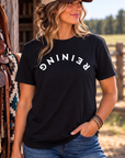 Reining Tee in Black — female model, front view