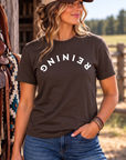 Reining Tee in Dark Chocolate — female model, front view