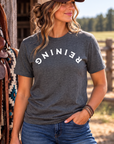 Reining Tee in Heather Dark Grey — female model, front view