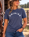 Reining Tee in Heather Navy — female model, front view