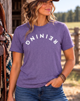 Reining Tee in Heather Purple — female model, front view