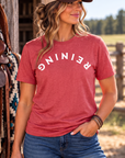 Reining Tee in Heather Red — female model, front view