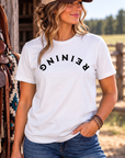 Reining Tee in White — female model, front view